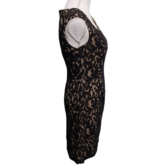 Adrianna Papell Embroidered Lace Overlay Sheath Dress Size 10 Black & Gold/Nude - Picture 8 of 14